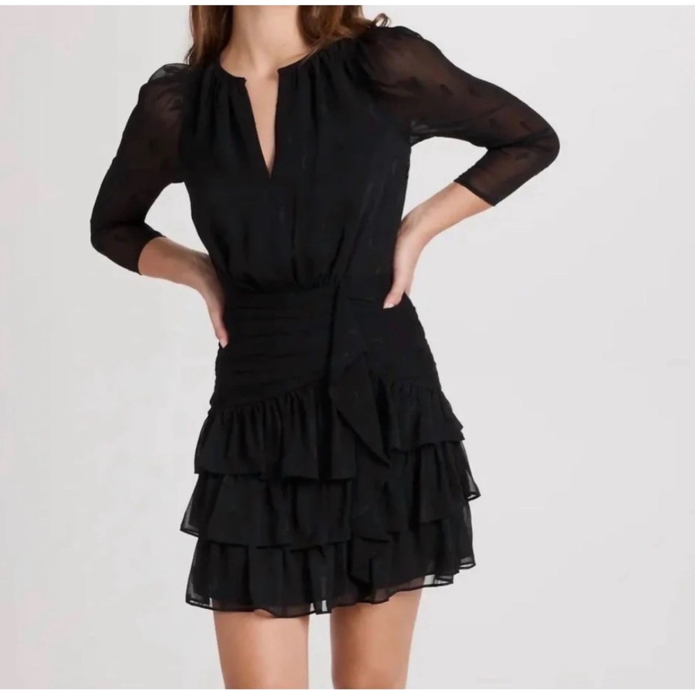 Shoshanna Kieran Mini Dress Womens 2 Black Ruffle Jacquard Sheer Sleeve Cocktail